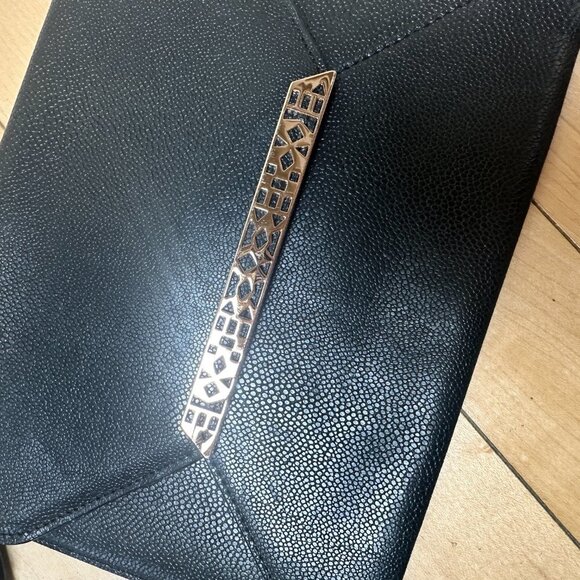Stella & Dot Black Pebbled Leather Envelope Clutch w Rose Gold Accents Wallet - Picture 3 of 9